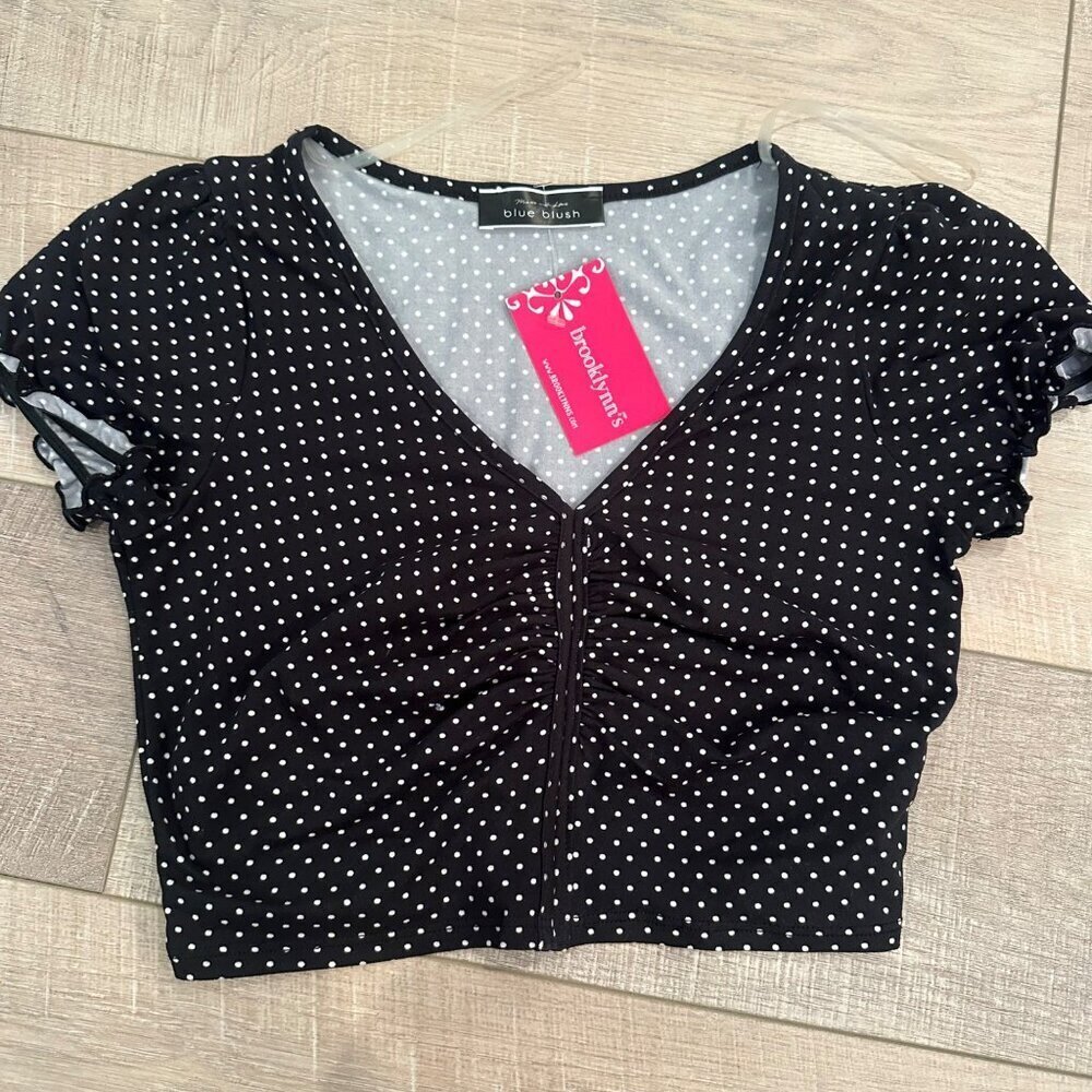 Polka Dot Crop Top With Ruched Front & Puff Sleeves - Black & White Small